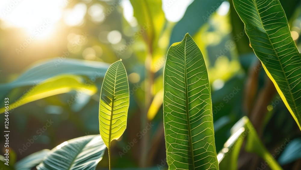Poster Green foliage with detailed leaf textures illuminated by soft sunlight in a natural setting with Copy Space.