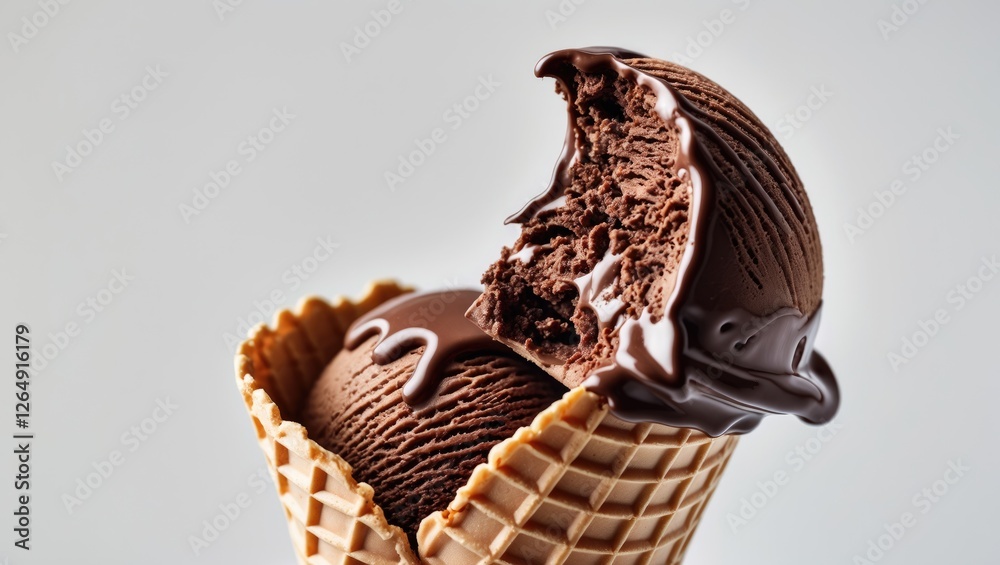 Aufkleber chocolate ice cream scoop in waffle cone with bite taken out showcasing rich texture and glossy choc