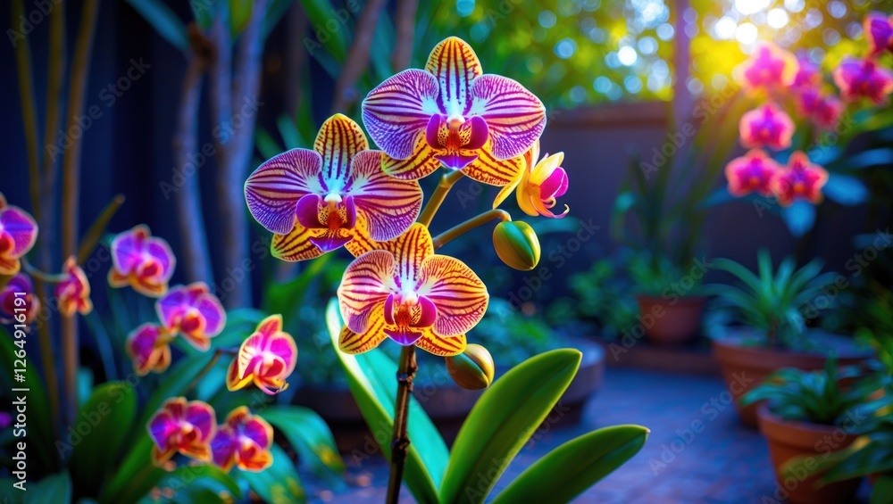 Poster colorful orchids in sunlight with blur effect background in garden setting emphasizing floral detail