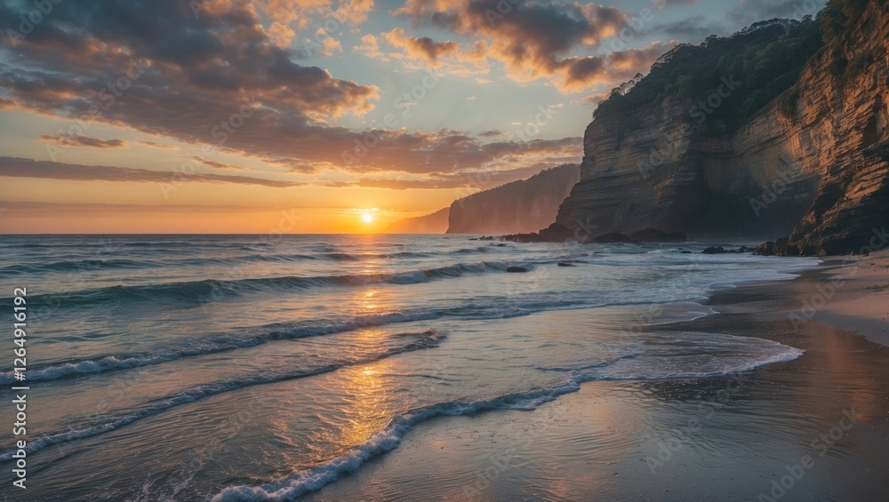 Poster coastal landscape at sunset with cliffs and gentle waves reflecting light on sandy beach. copy space