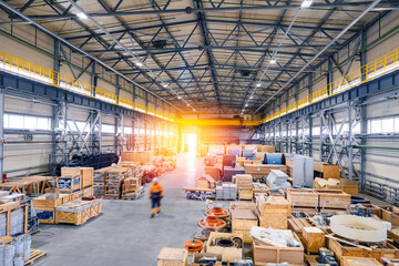 Concept banner logistics Warehouse industrial. Storage for materials of mining, forklift for...