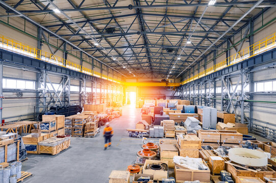 Concept banner logistics Warehouse industrial. Storage for materials of mining, forklift for containers with workers. Motion blur effect, sunlight