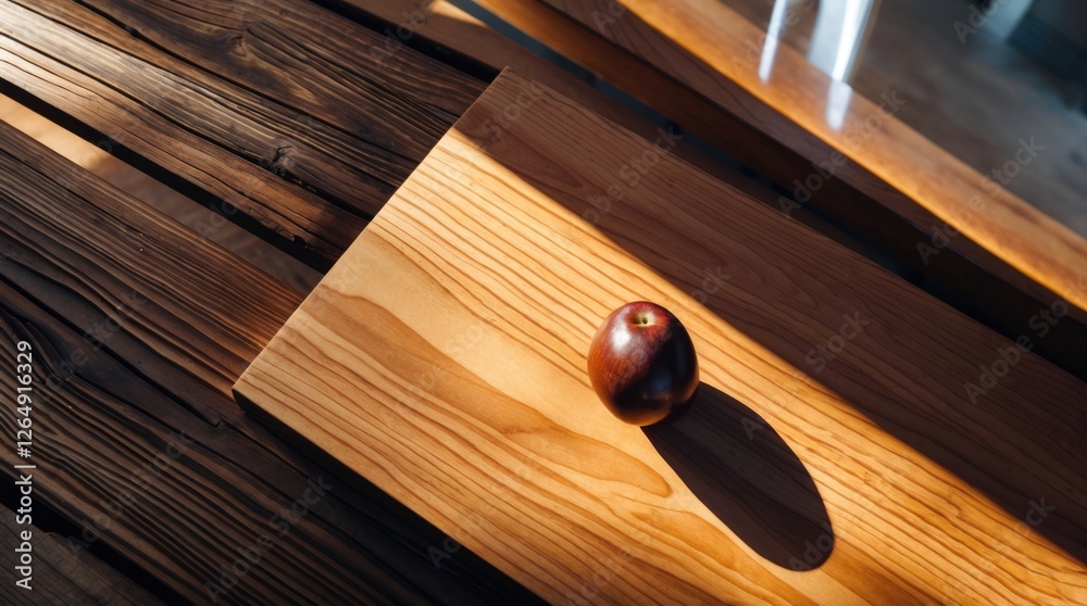 Poster red apple on wooden surface with natural light shadow and textures, minimalist composition with ampl
