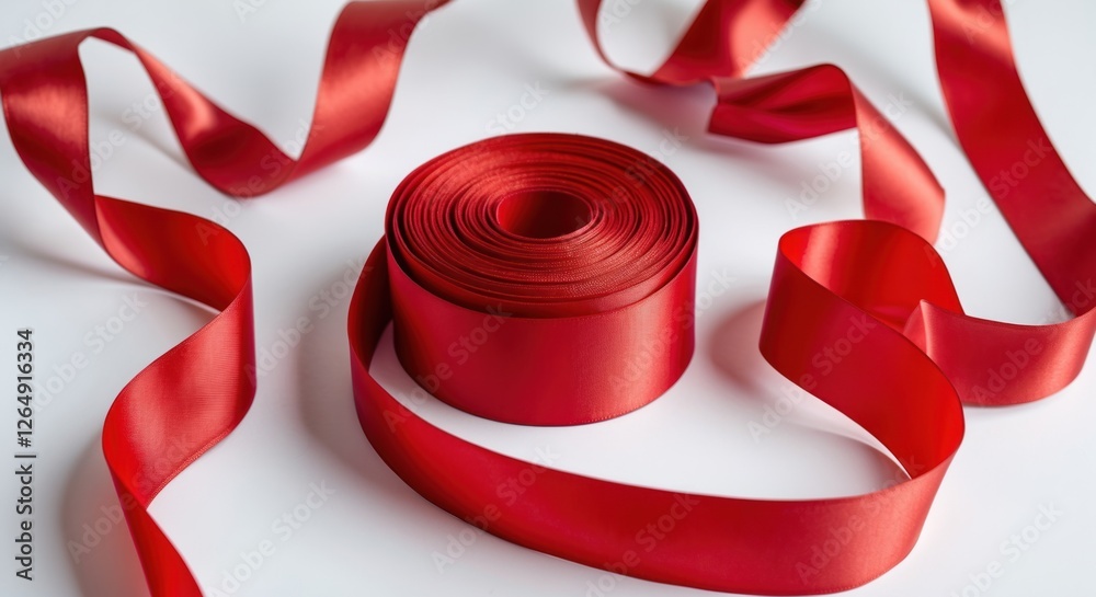 Poster red satin ribbon roll with flowing ribbon strands on a white background. copy space available.