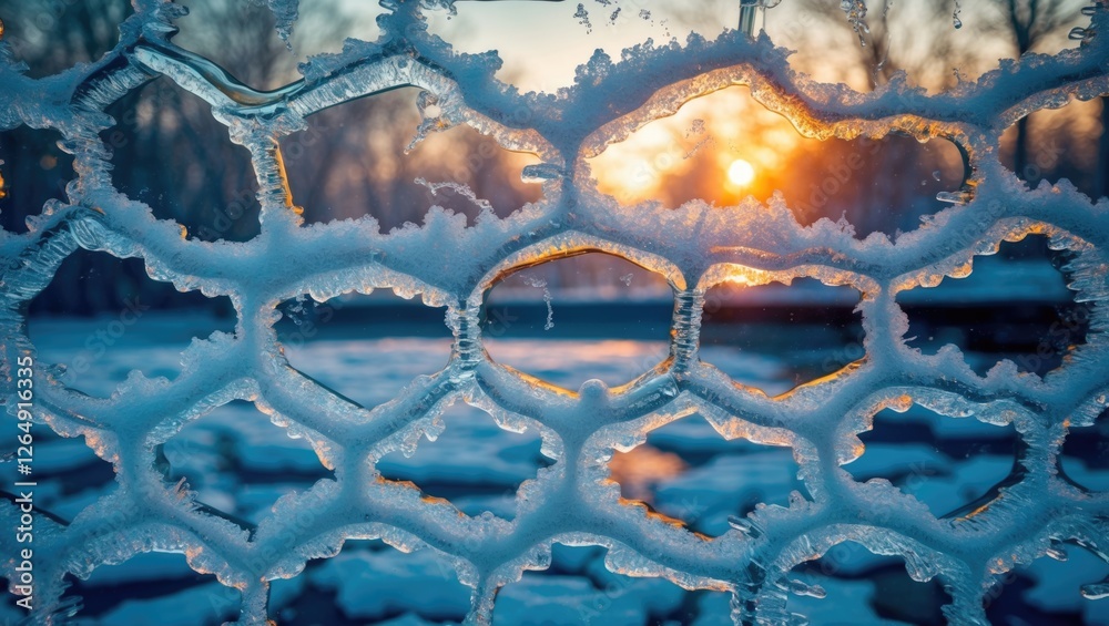 Poster frost patterns on glass with sunset in background winter scenery natural light reflection