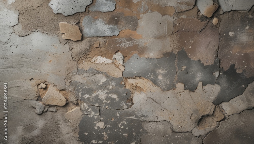Poster Textured wall surface with peeling paint and plaster showing layers of deterioration and decay. Copy Space