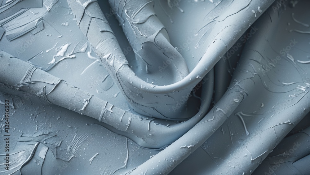Poster textured blue fabric with raised patterns and creases, close-up view, showing intricate details and 
