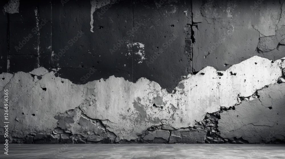Poster textured grunge wall with cracks and peeling paint in black and white monochrome style with concrete
