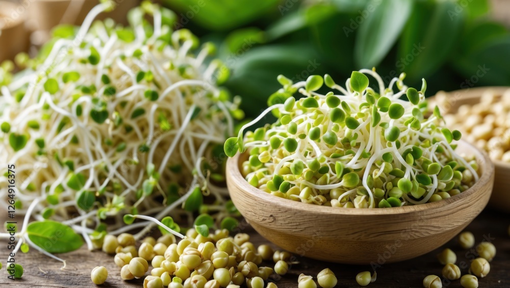 Aufkleber fresh bean sprouts in wooden bowls with soybeans and green leaves in the background on a rustic wood