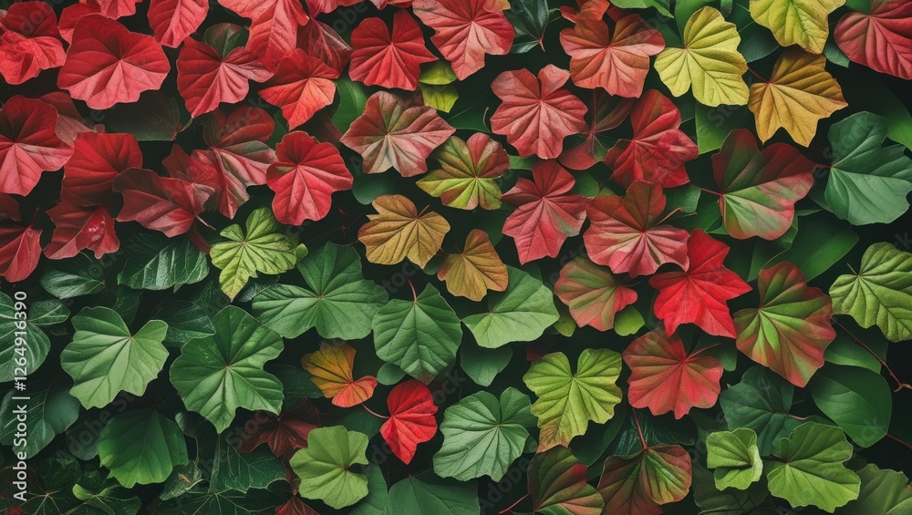 Poster colorful collection of lush green and autumnal red leaves with varying shapes arranged in a natural 