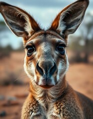 Obraz premium Close up of a kangaroo with sharp details in its fur, an intense gaze, and the natural tones of the Australian wilderness complementing its stance