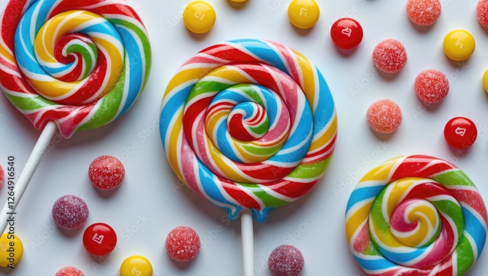 Poster Colorful swirl lollipops and assorted candy on white background with copy space for text