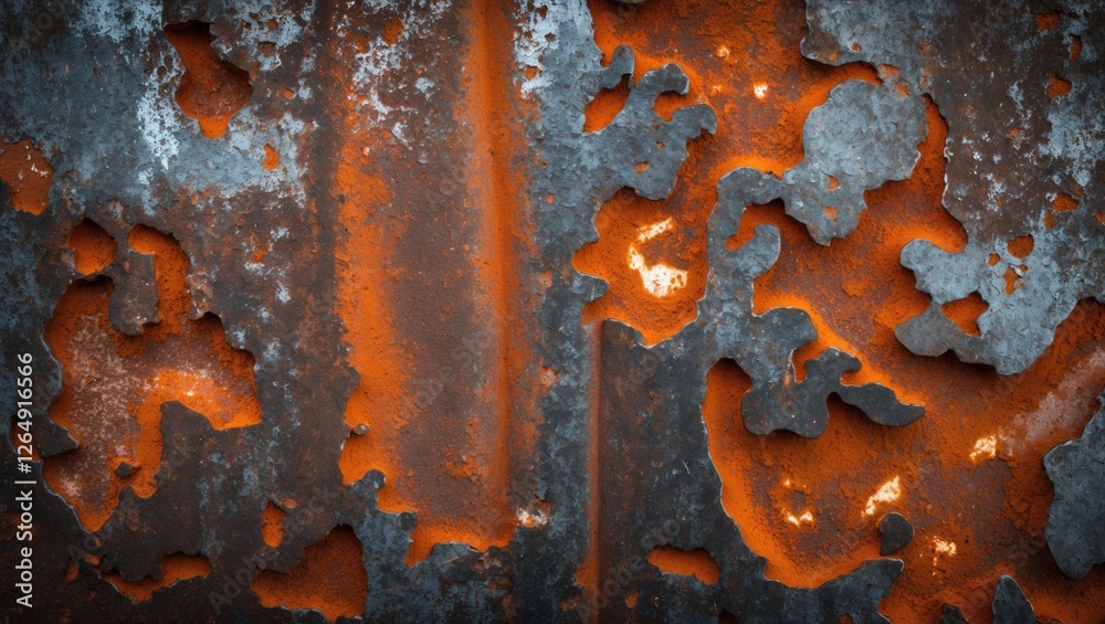 Poster Rusty metal surface with orange and gray textures and patterns suitable for backgrounds and industrial designs Copy Space