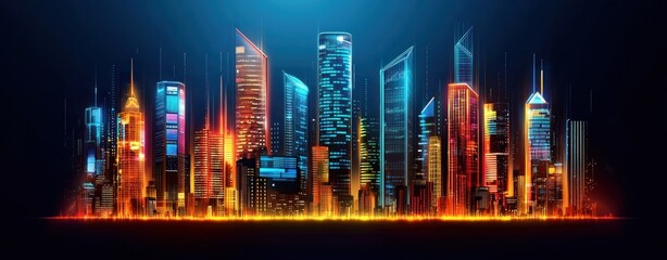 Bright Urban Skyline at Night with Colorful Lighting and Modern Architectural Designs in a Futuristic Style