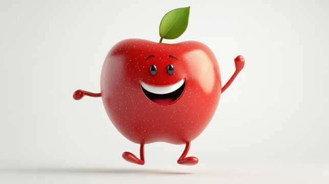 Happy apple cartoon character jumping, white background, food illustration