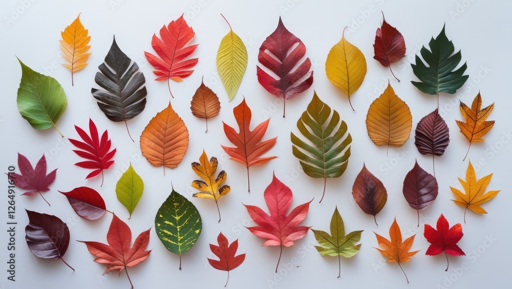 Poster Colorful assortment of various autumn leaves arranged on a white background with Copy Space for text placement