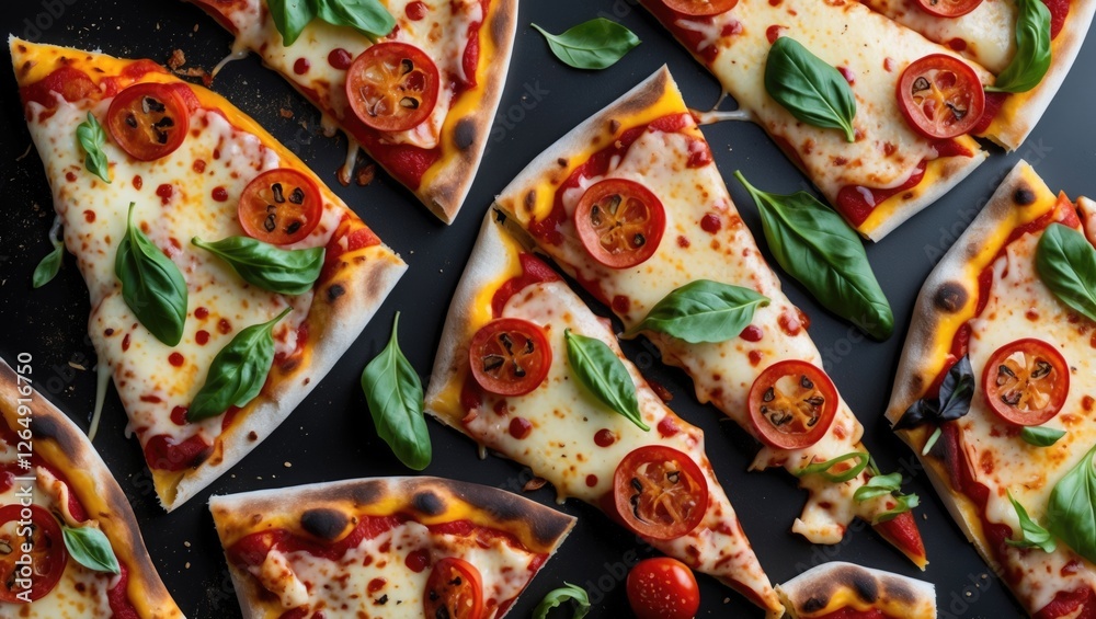 Poster slices of pizza topped with cheese, tomato, and basil leaves on a dark surface with additional tomat