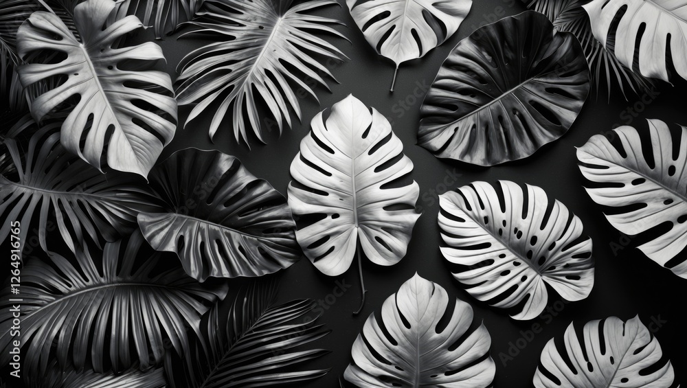 Aufkleber Monochrome tropical leaves pattern on dark background with various shapes and sizes suitable for design projects Copy Space