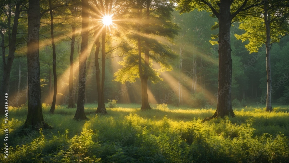 Poster sunlight breaking through trees in a lush green forest with dramatic sun rays and vibrant foliage co
