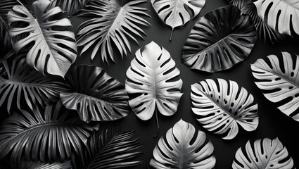 Monochrome tropical leaves pattern on dark background with various shapes and sizes suitable for design projects Copy Space