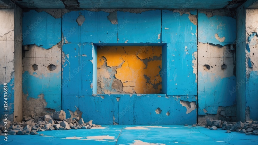 Poster abandoned interior space with cracked blue walls and an empty window framed by orange, featuring deb
