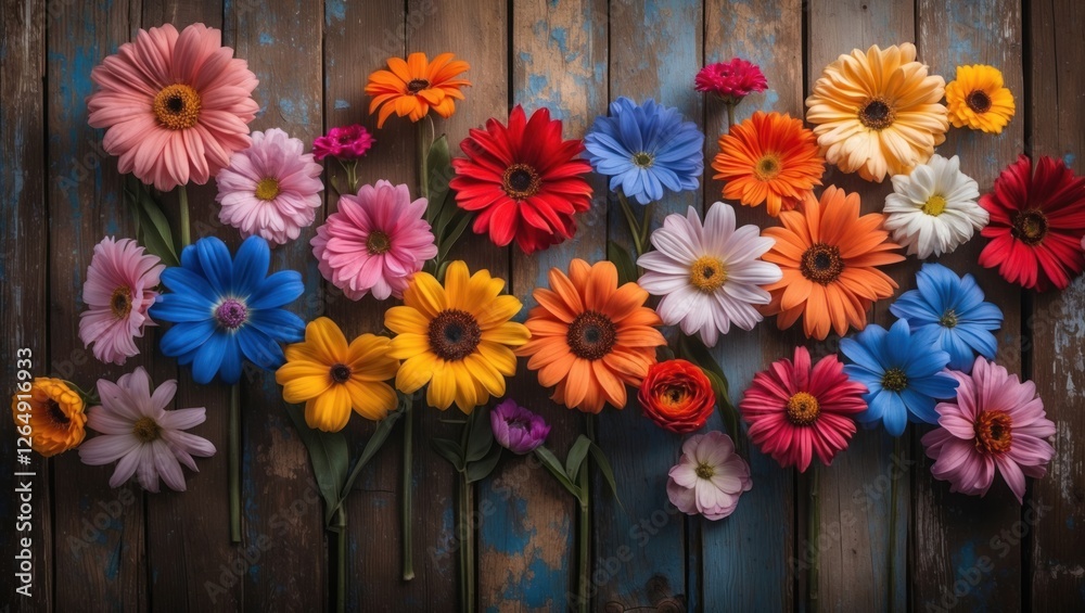 Leinwandbilder vibrant assortment of colorful flowers arranged on a rustic wooden surface with copy space for text 