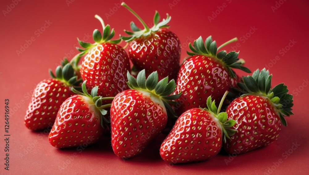Poster fresh ripe strawberries arranged on a red background with green leaves visible copy space