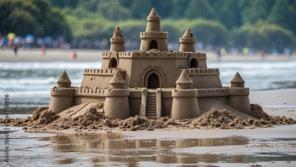 Poster sand castle on beach with ocean waves in background and blurred people enjoying summer day, coastal 