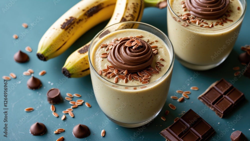 Poster banana smoothie with chocolate topping in glass alongside fresh bananas and chocolate pieces on a bl