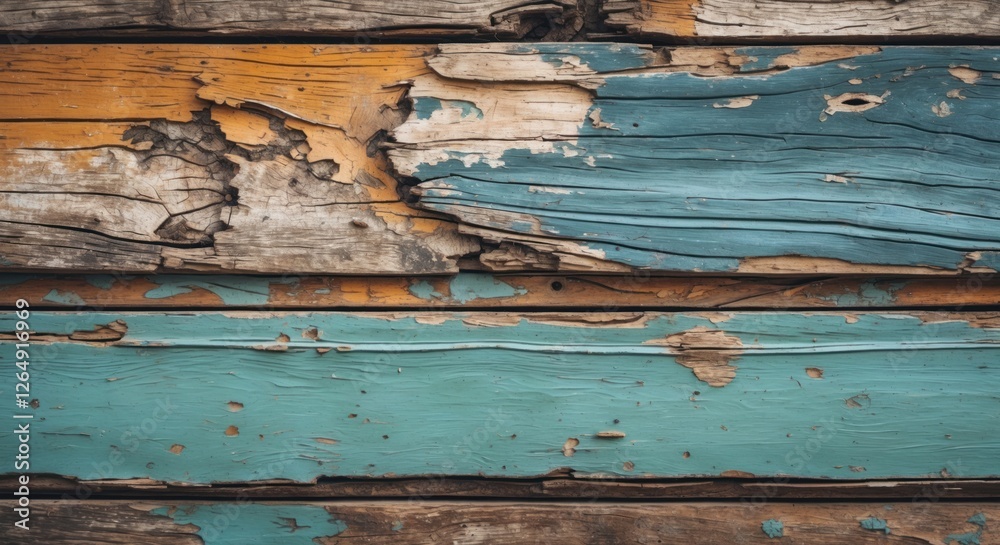 Poster wooden wall with peeling paint in blue and orange tones textured background with copy space for text