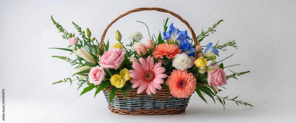 Aufkleber colorful bouquet of mixed flowers in a woven basket with a handle on a light background with ample c