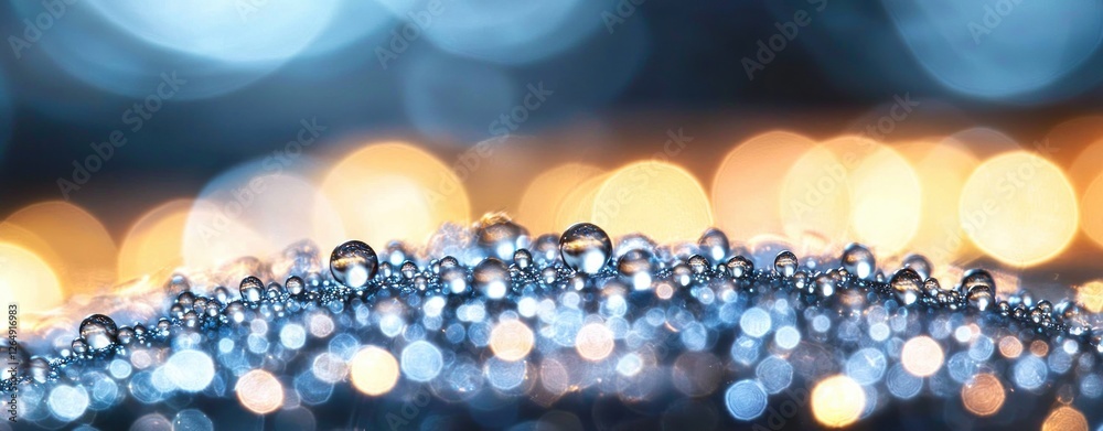 Fototapete macro shot of water droplets reflecting colorful lights on a smooth surface with a dreamy bokeh back