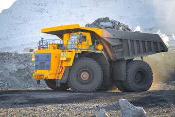 Work Big yellow dump truck in open coal mine