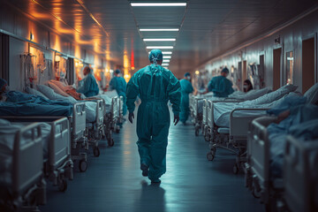 Doctors and nurses move through a row of hospital beds during a pandemic outbreak, reflecting resilience and dedication in a high-pressure environment filled with tension and exhaustion