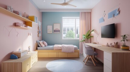 Spacious and minimalist kids' room with soft pastel colors, a functional wooden desk, and a neat small bed