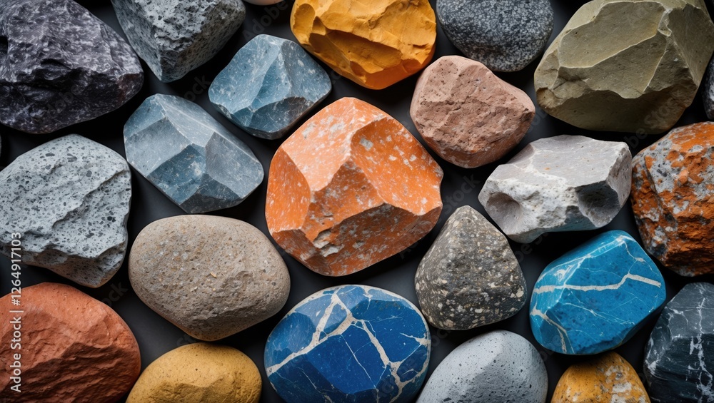 Poster Colorful assortment of various shaped and textured rocks and stones arranged on a flat surface with Copy Space.