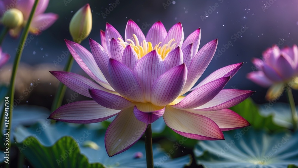 Poster beautiful pink lotus flower with layered petals on tranquil water surface surrounded by green lily p