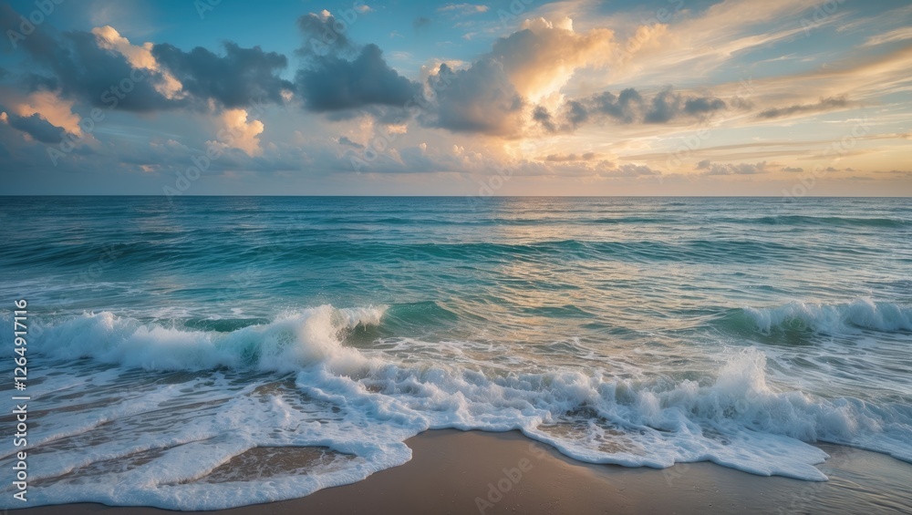 Poster serene ocean waves crashing on sandy beach at sunset with colorful clouds in the sky copy space
