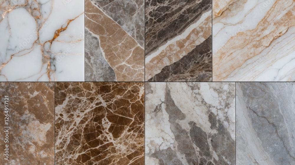 Aufkleber Collection of various marble textures with distinct patterns and colors arranged in a grid layout suitable for interior design and decoration projects.