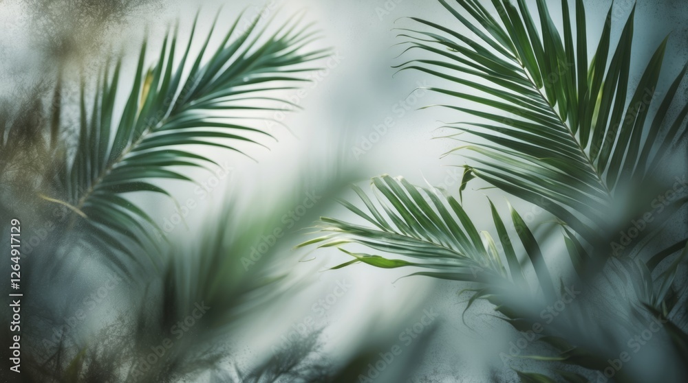 Poster tropical palm leaves with soft focus and muted background for natural and serene settings copy space