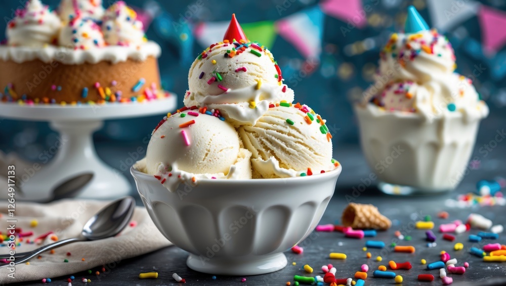 Poster ice cream scoops in white bowl with colorful sprinkles and festive decorations on dark background co