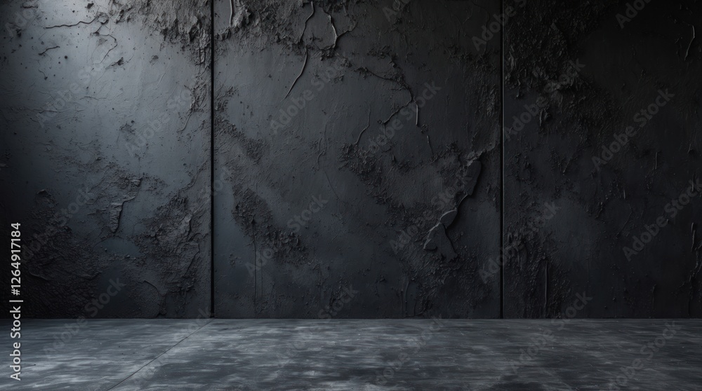 Poster Abstract textured dark wall with concrete floor showcasing rough surfaces and shadows suitable for background or display purposes Copy Space