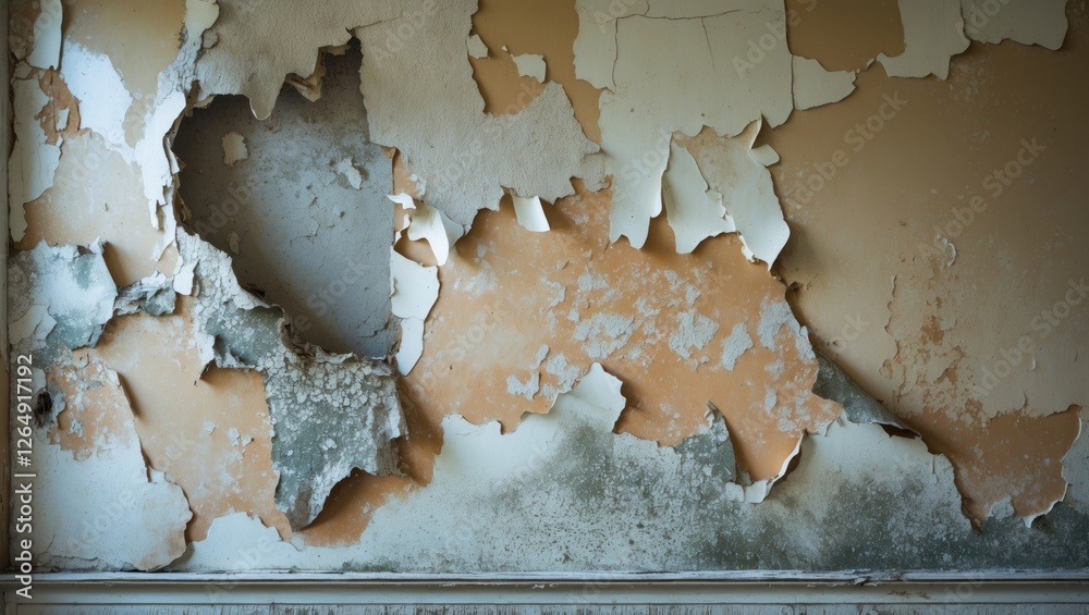 Poster peeling paint and damaged wall surface in an abandoned interior space showing layers of texture and 