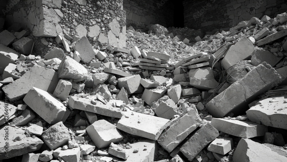 Aufkleber collapsed rubble and debris in an abandoned building interior with textured stone and concrete fragm