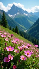 Obraz premium A carpet of delicate pink wildflowers blankets the mountainside, greenery, pink