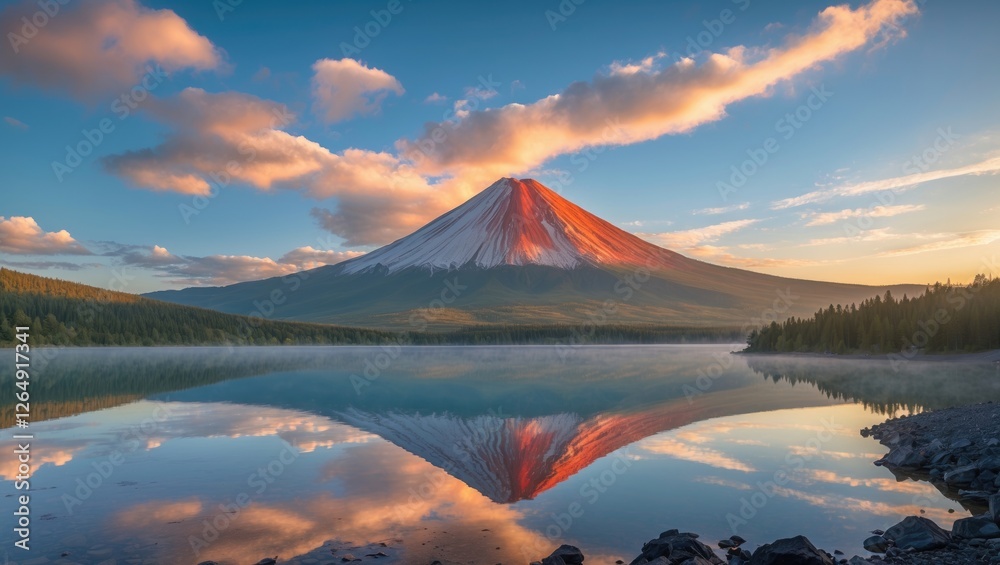Aufkleber mount fuji with snow-capped peak reflecting in calm lake at sunrise with colorful sky and tree line 