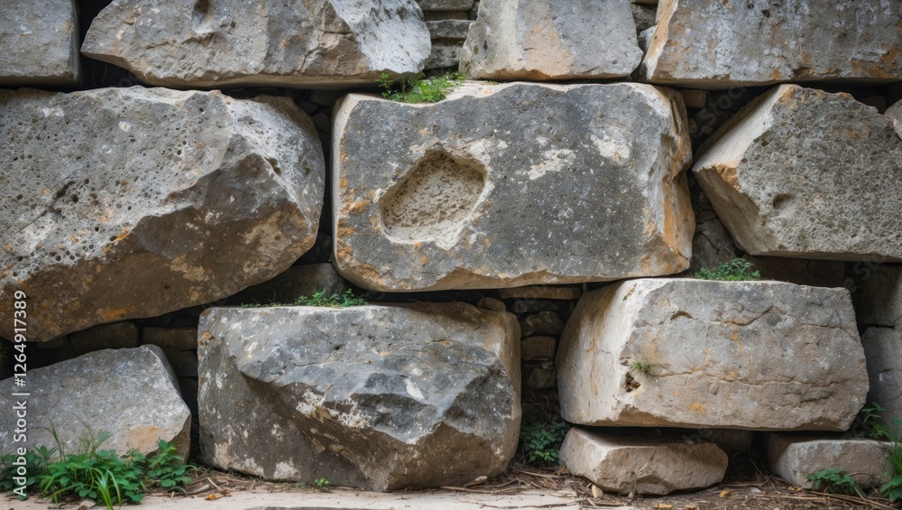 Aufkleber Textured stone wall with large uneven rocks and patches of greenery between them Copy Space