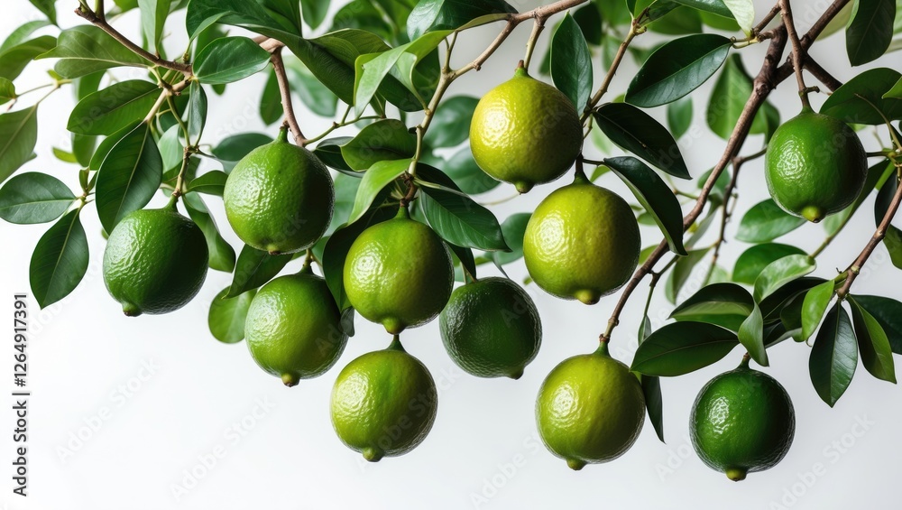 Poster fresh green limes hanging from a tree branch surrounded by vibrant green leaves on a light backgroun