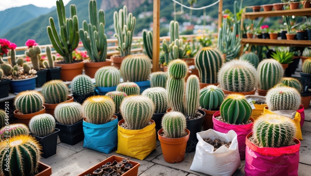 Poster Variety of cacti in colorful pots displayed on balcony with mountain view and ample sunlight Copy Space