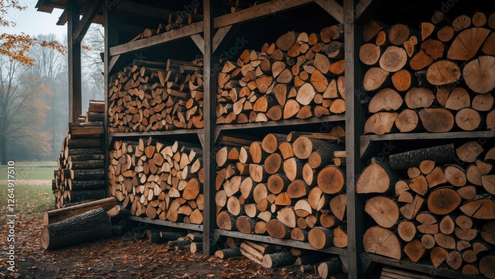 Aufkleber Stacked firewood in a woodshed with organized logs in various sizes and shapes creating a rustic, natural wood texture background Copy Space